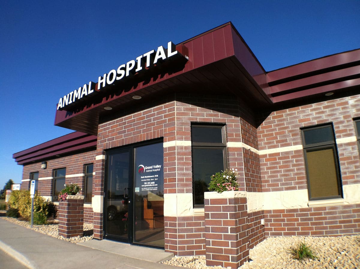 Sunny exterior picture of the Grand Valley Animal Hospital building